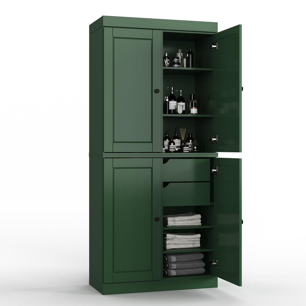 32" Green Solid Wood Free Standing Four Door Linen Cabinet