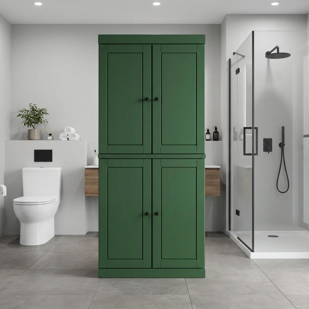 32" Green Solid Wood Free Standing Four Door Linen Cabinet