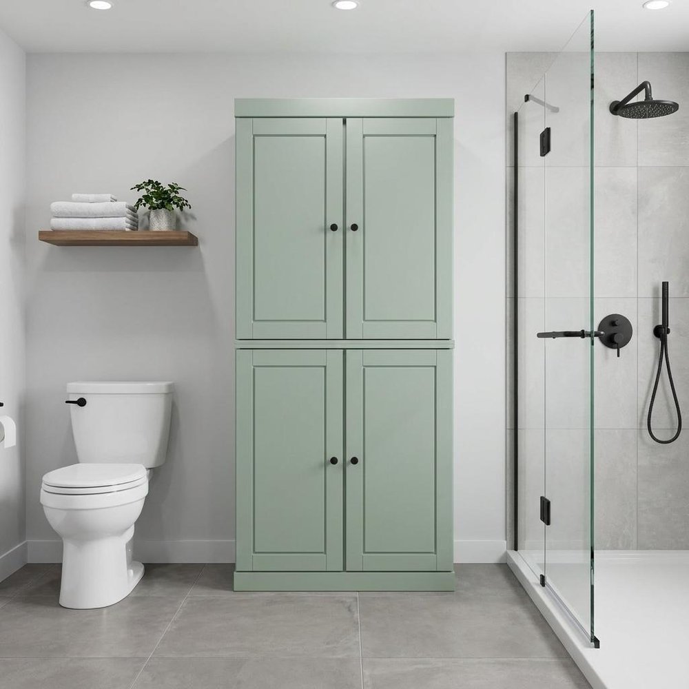 32" Sage Solid Wood Free Standing Four Door Linen Cabinet