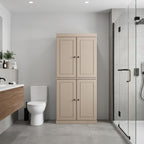 32" Beige Solid Wood Free Standing Four Door Linen Cabinet
