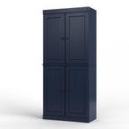 32" Navy Blue Solid Wood Free Standing Four Door Linen Cabinet