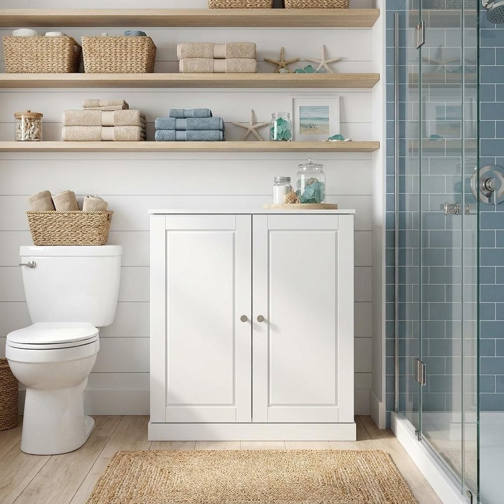 32" White Solid Wood Raised Panel Double Door Linen Cabinet
