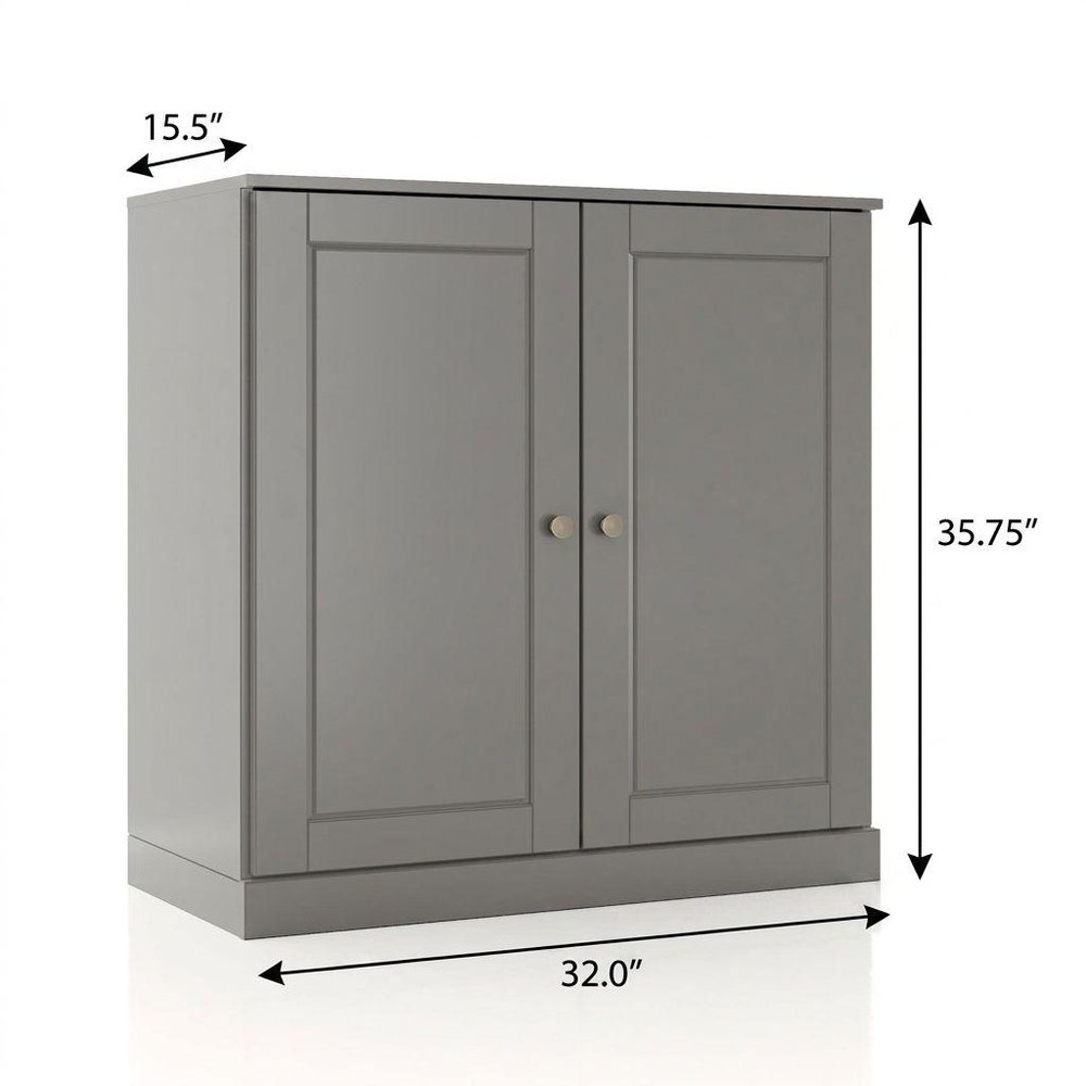 32" Gray Solid Wood Free Standing Double Door Linen Cabinet