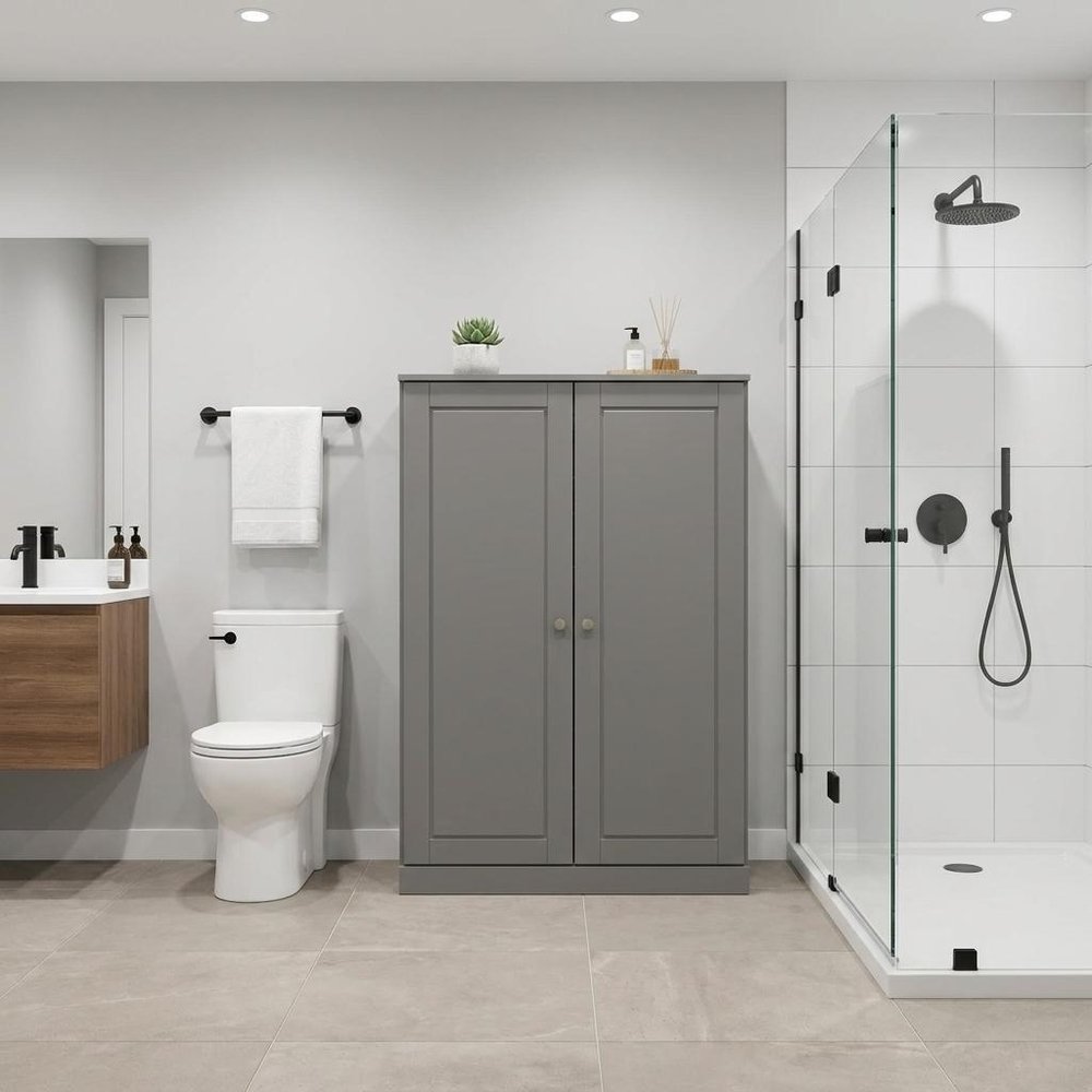 32" Gray Solid Wood Free Standing Double Door Linen Cabinet