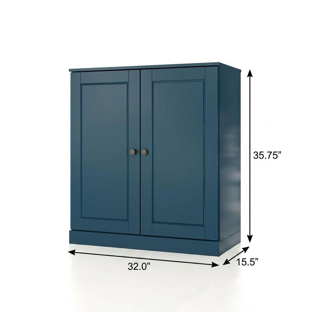 32" Teal Blue Solid Wood Free Standing Double Door Linen Cabinet