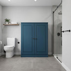 32" Teal Blue Solid Wood Free Standing Double Door Linen Cabinet
