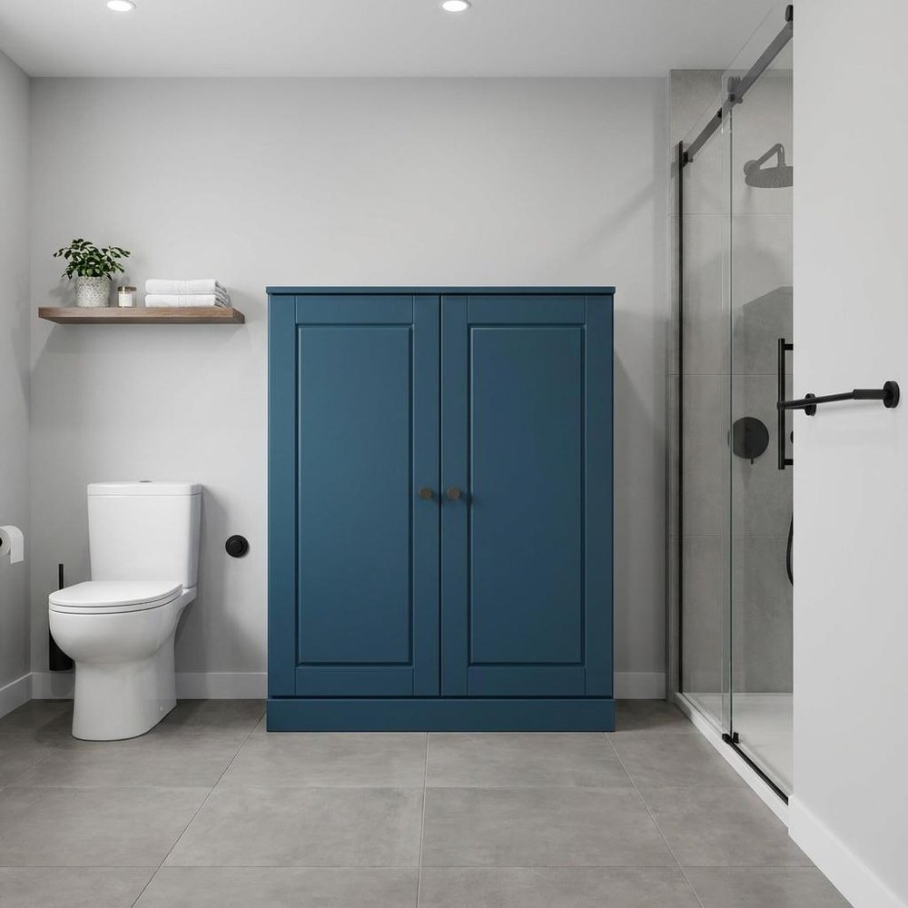 32" Teal Blue Solid Wood Free Standing Double Door Linen Cabinet