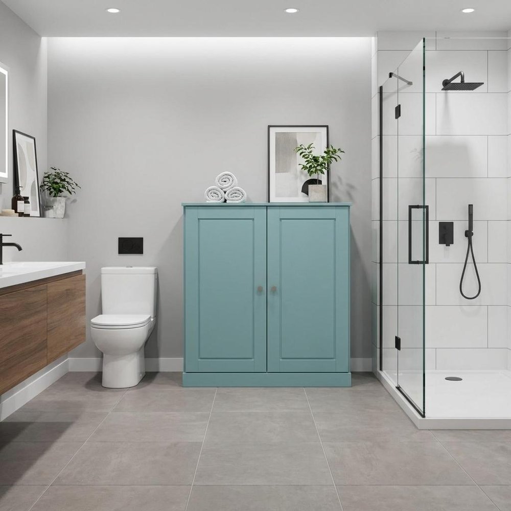 32" Aqua Solid Wood Free Standing Double Door Linen Cabinet
