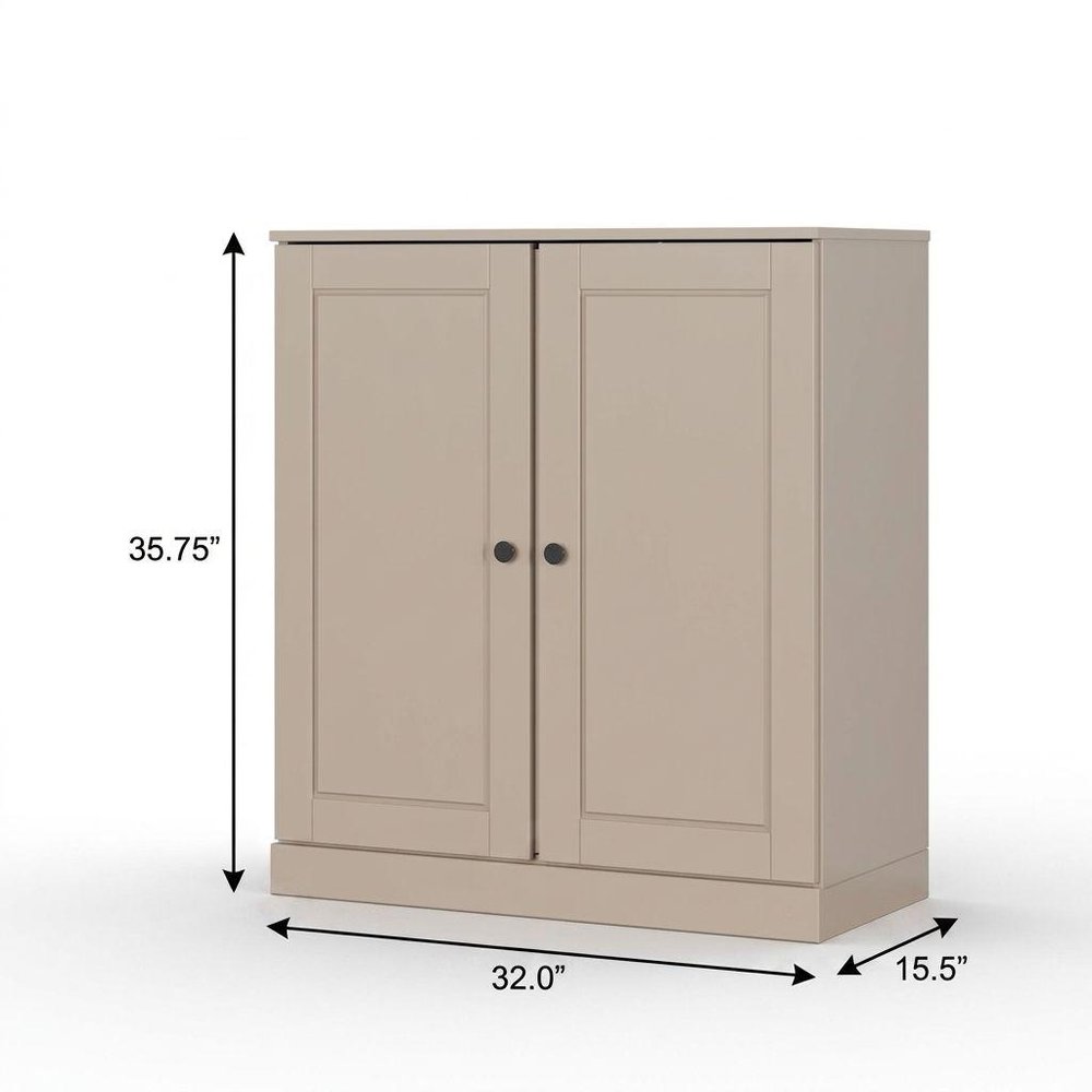 32" Beige Solid Wood Free Standing Double Door Linen Cabinet