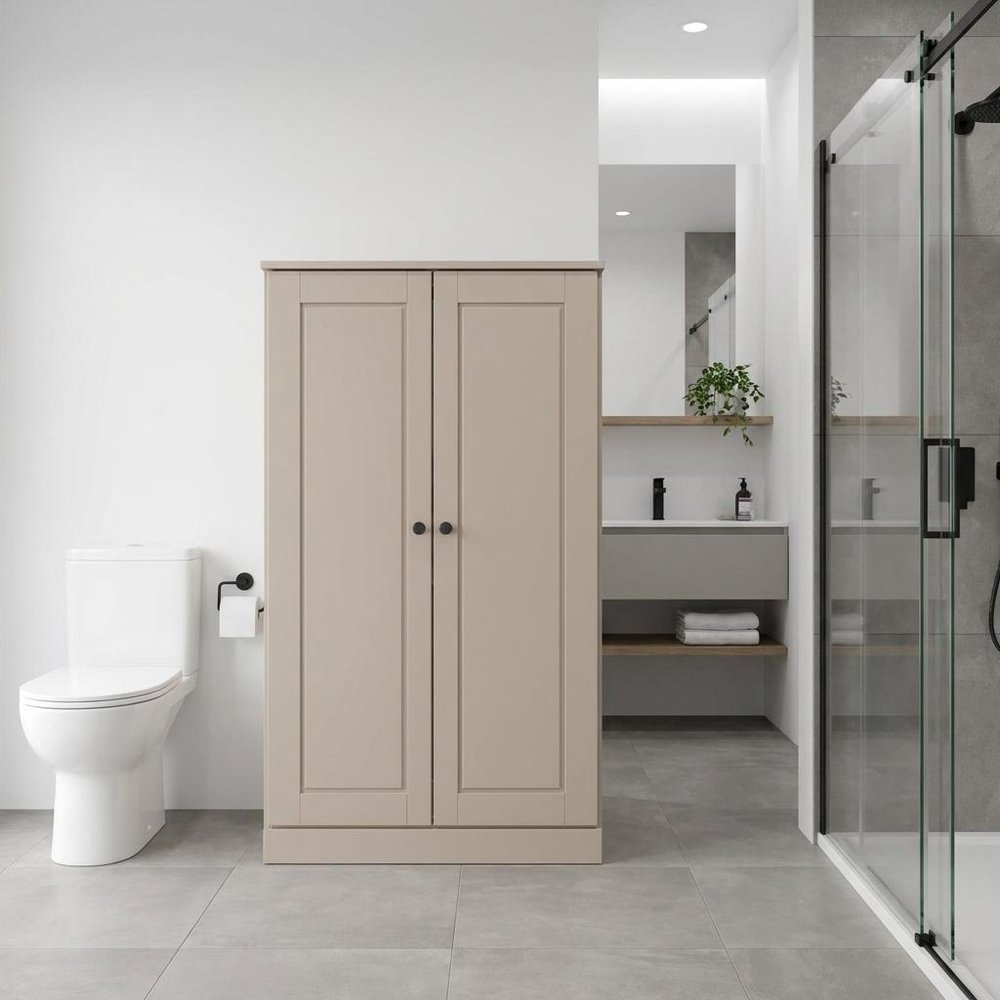 32" Beige Solid Wood Free Standing Double Door Linen Cabinet