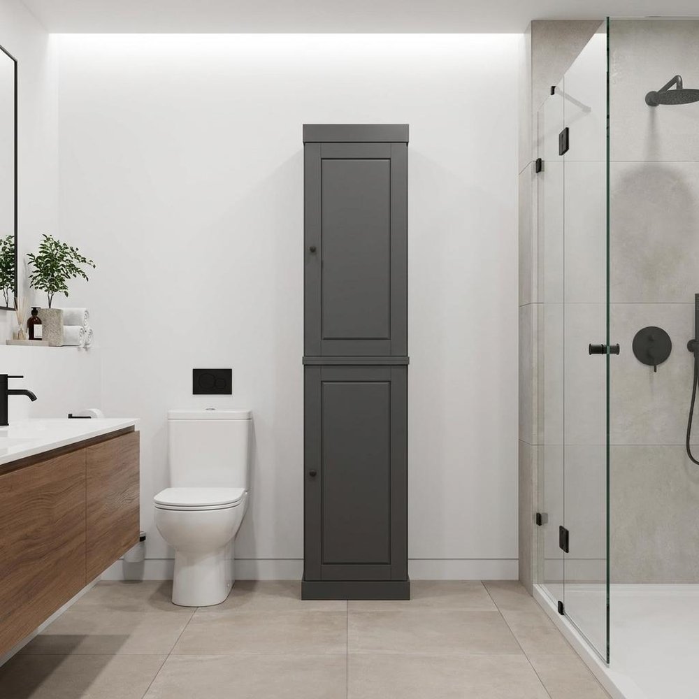 17" Gray Solid Wood Free Standing Double Door Linen Cabinet