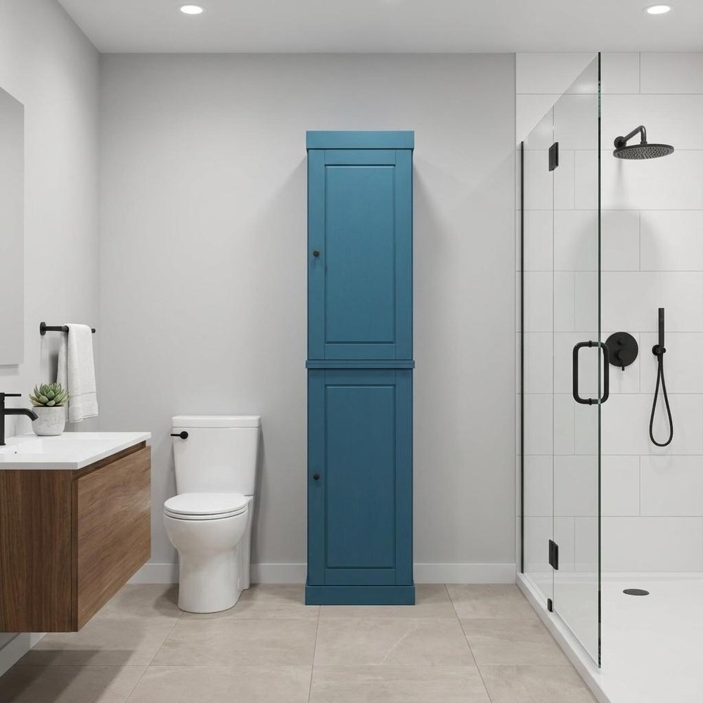 17" Teal Blue Solid Wood Free Standing Double Door Linen Cabinet