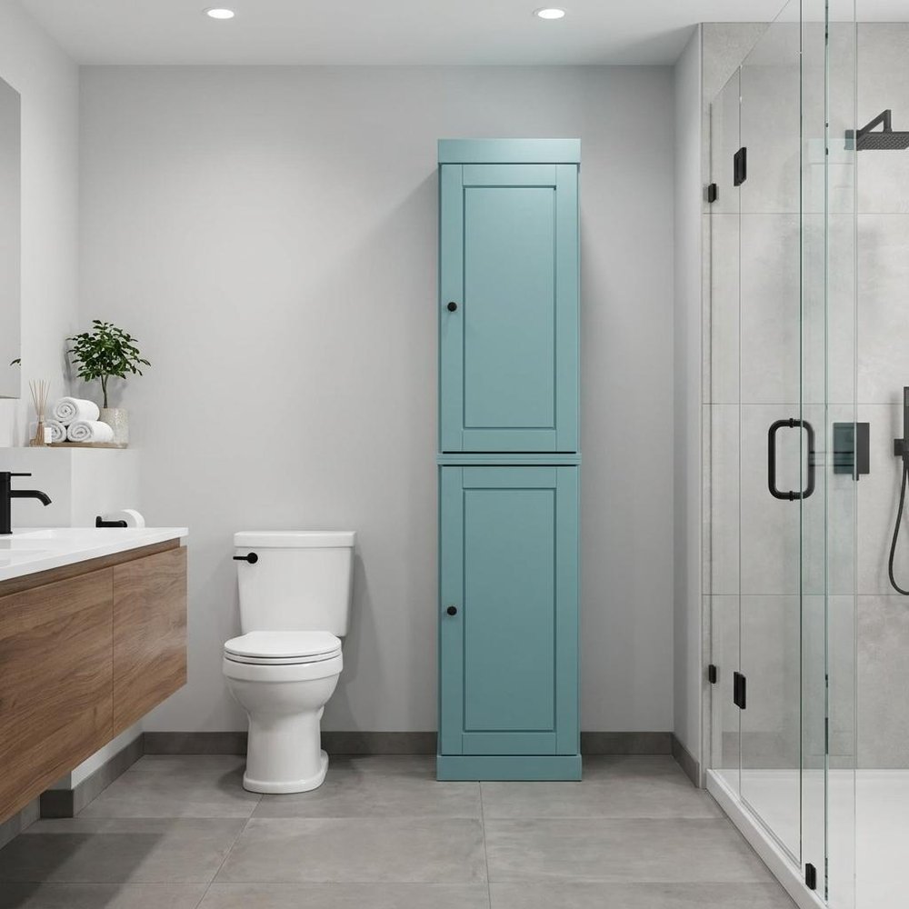 17" Aqua Solid Wood Free Standing Double Door Linen Cabinet