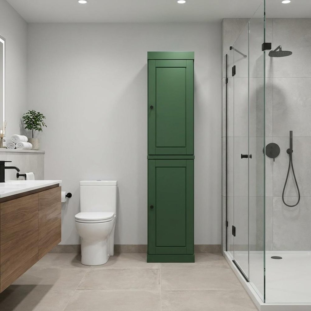 17" Green Solid Wood Free Standing Double Door Linen Cabinet
