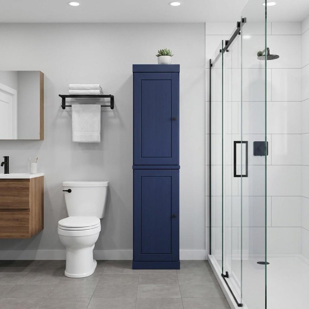 17" Navy Blue Solid Wood Free Standing Double Door Linen Cabinet