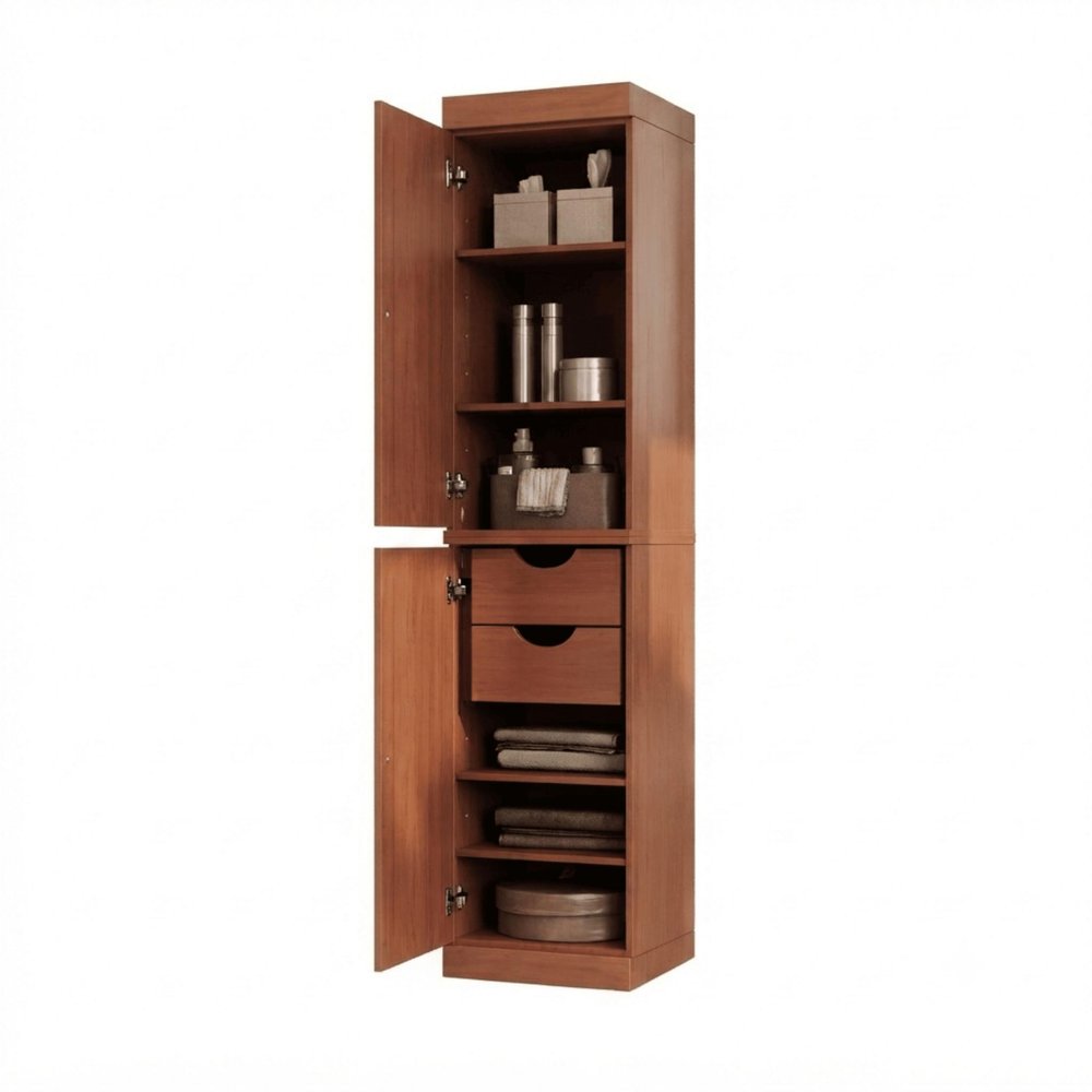 17" Coffee Solid Wood Free Standing Double Door Linen Cabinet