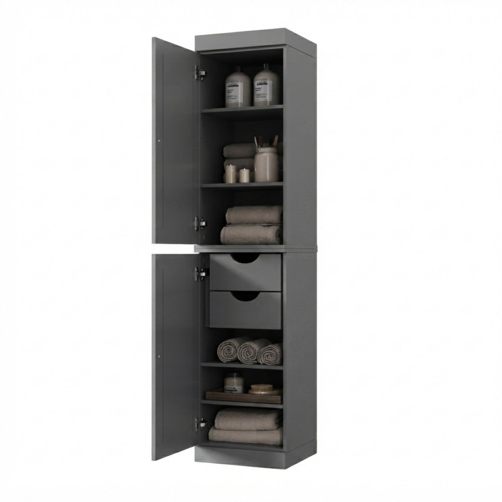 17" Gray Solid Wood Free Standing Double Door Linen Cabinet
