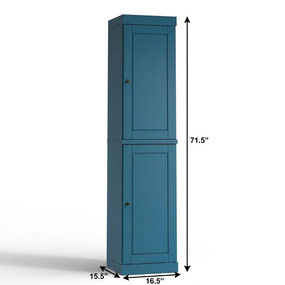 17" Teal Blue Solid Wood Free Standing Double Door Linen Cabinet