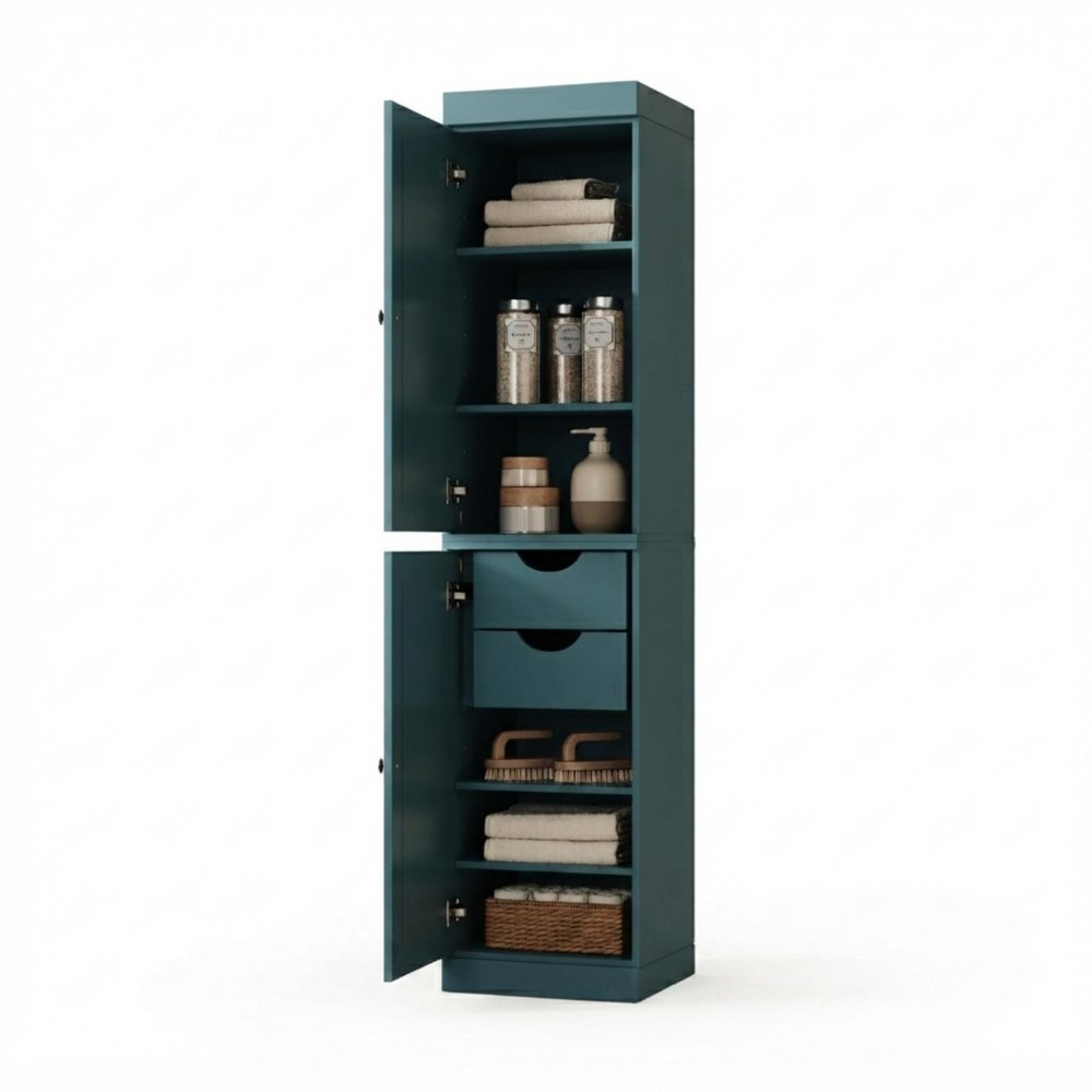 17" Teal Blue Solid Wood Free Standing Double Door Linen Cabinet