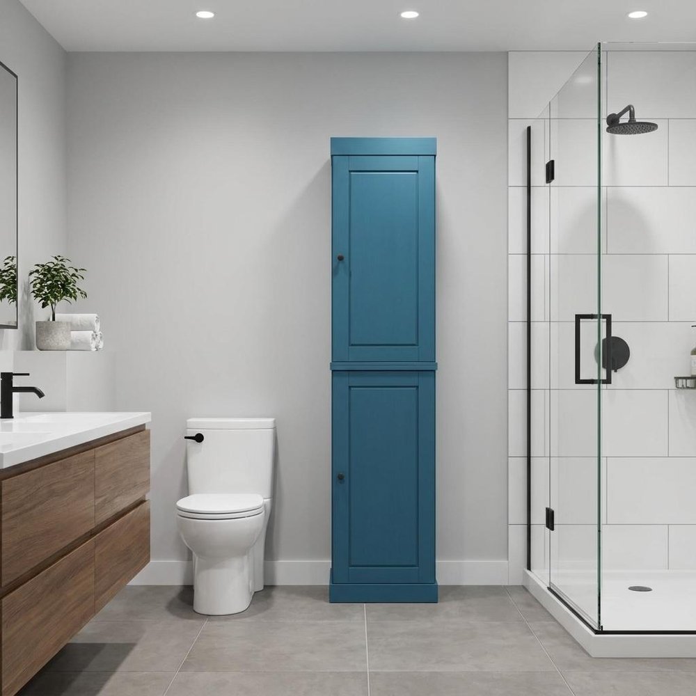17" Teal Blue Solid Wood Free Standing Double Door Linen Cabinet