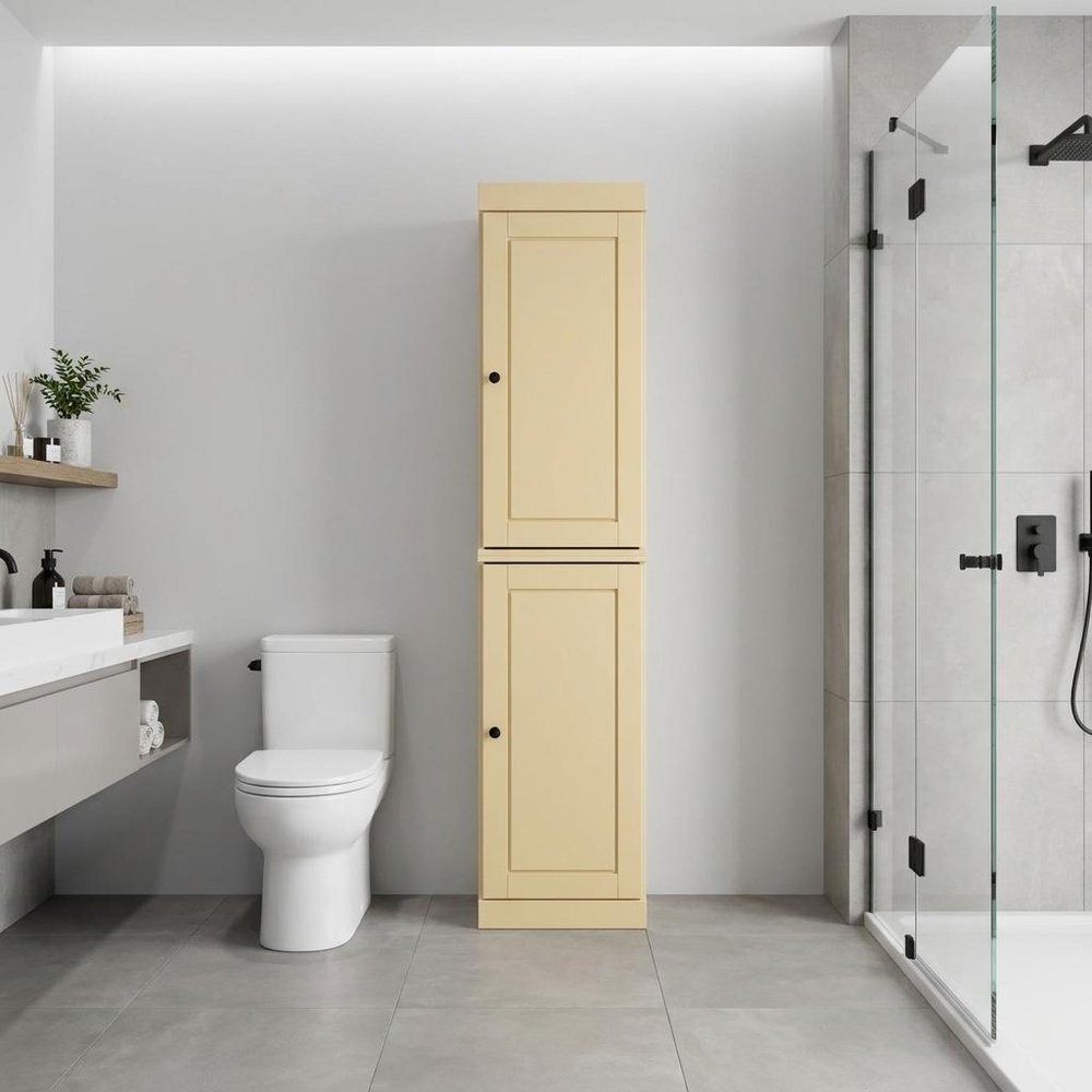 17" Yellow Solid Wood Free Standing Double Door Linen Cabinet