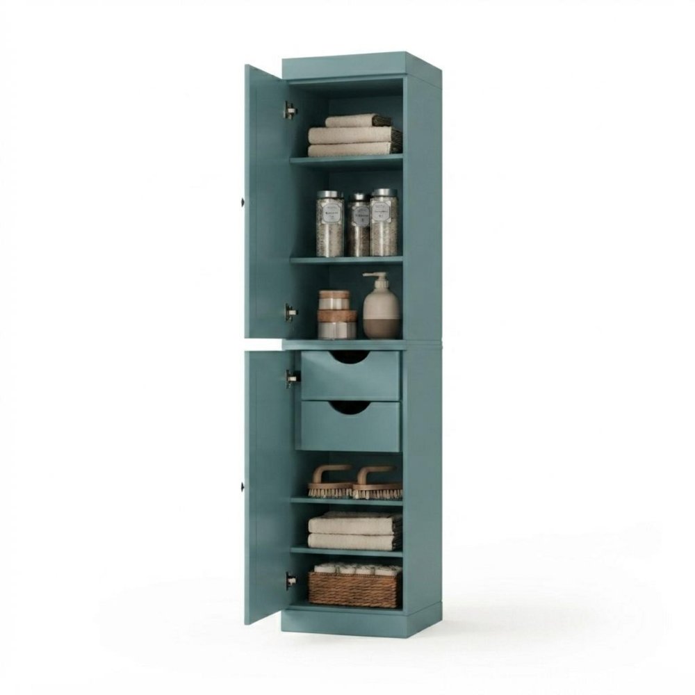 17" Aqua Solid Wood Free Standing Double Door Linen Cabinet