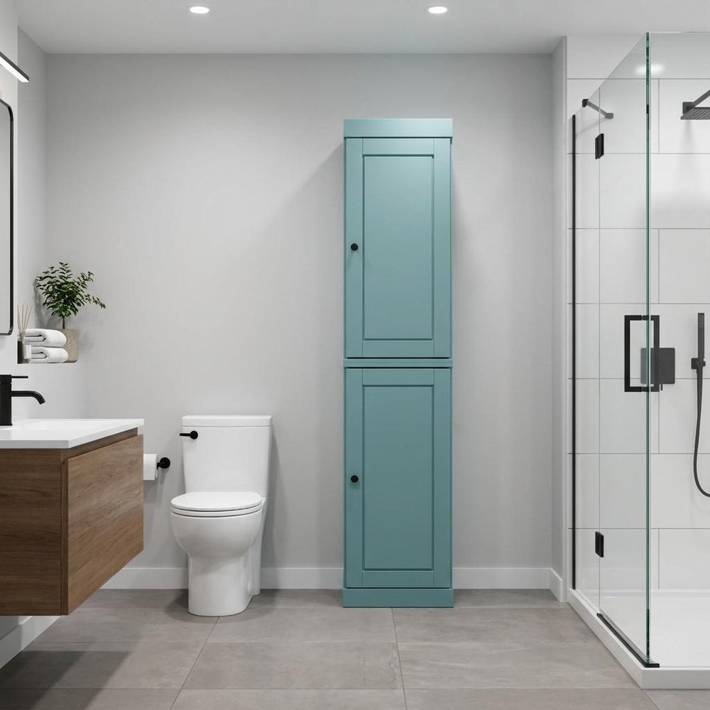 17" Aqua Solid Wood Free Standing Double Door Linen Cabinet