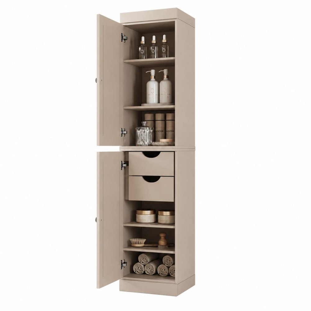 17" Beige Solid Wood Free Standing Double Door Linen Cabinet