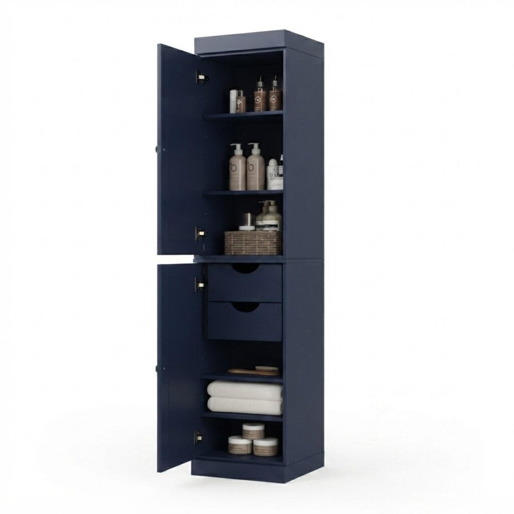 17" Navy Blue Solid Wood Free Standing Double Door Linen Cabinet