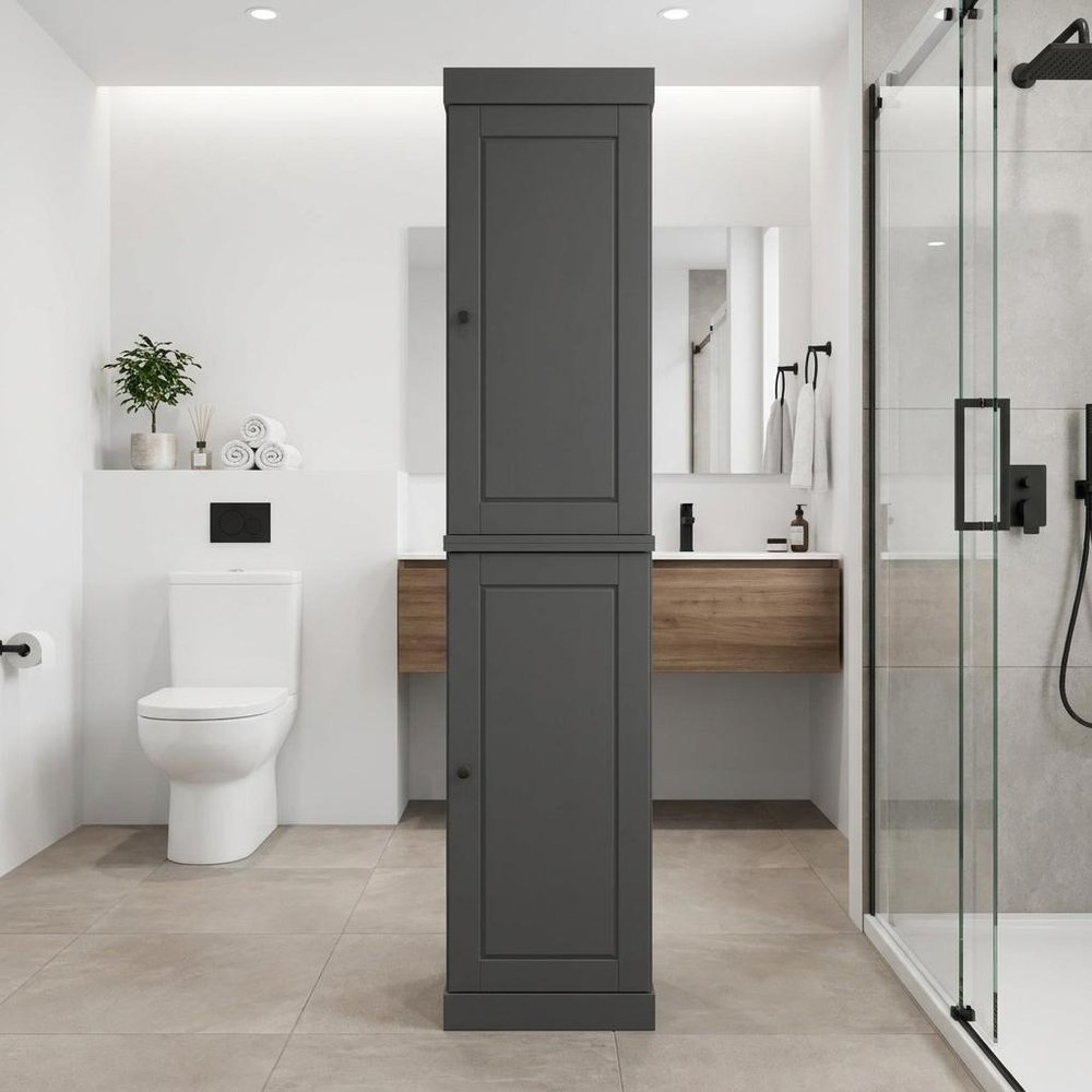 17" Gray Solid Wood Free Standing Double Door Linen Cabinet