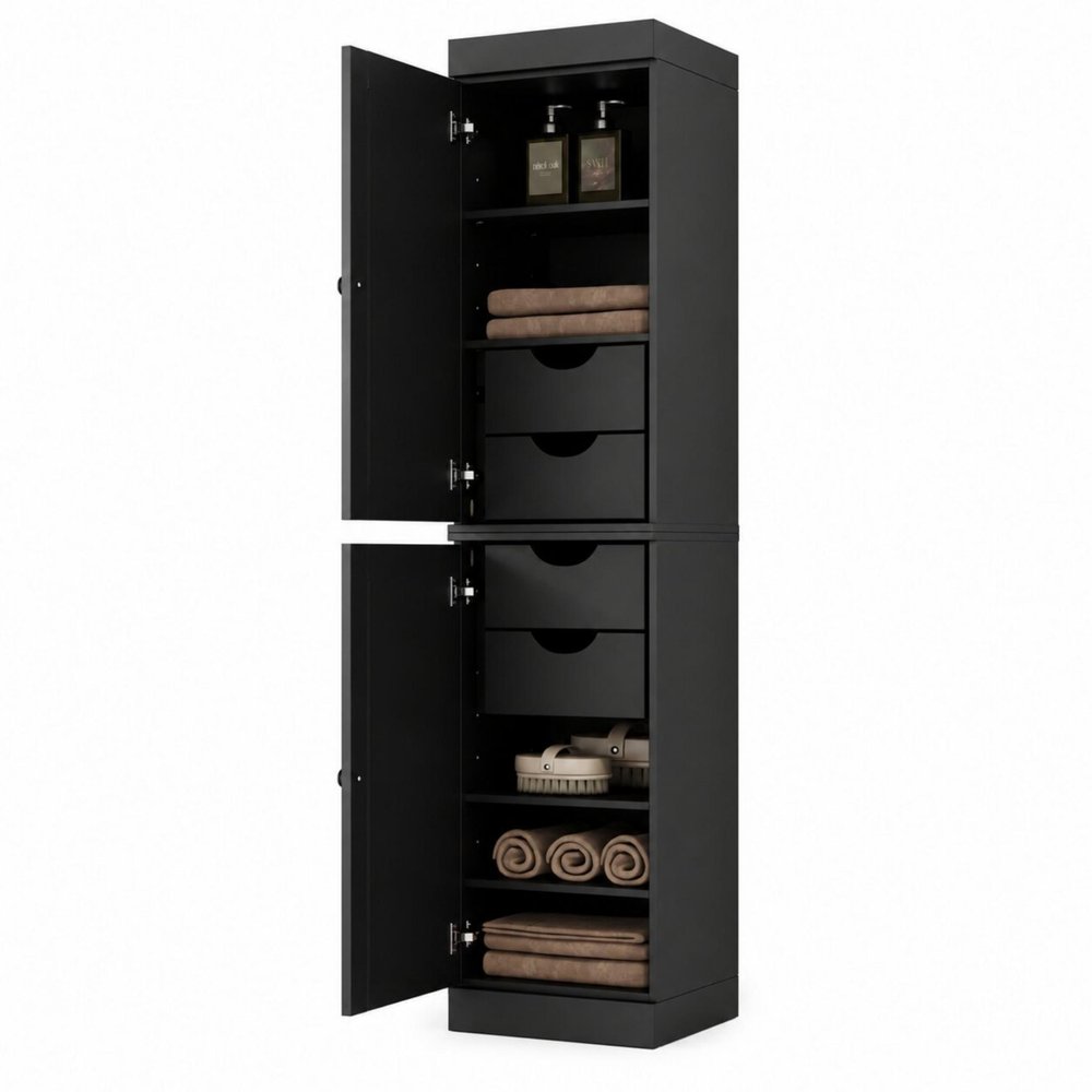 17" Black Solid Wood Free Standing Double Door Linen Cabinet