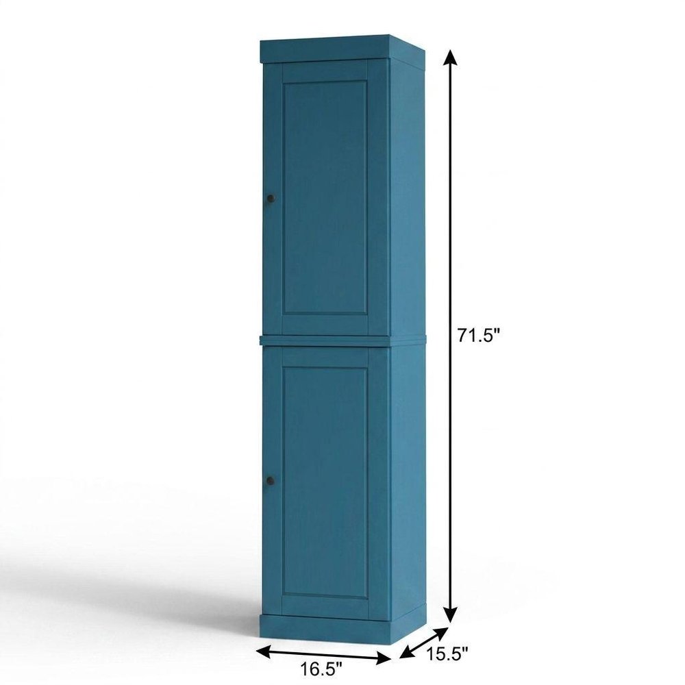17" Teal Blue Solid Wood Free Standing Double Door Linen Cabinet