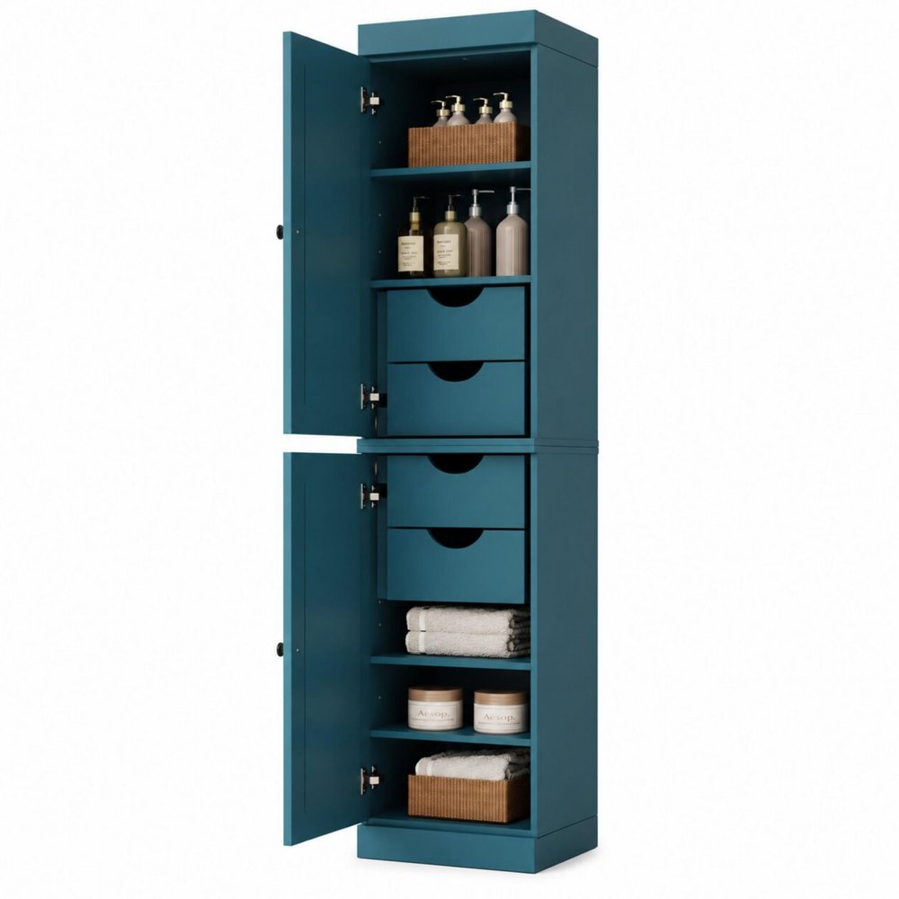 17" Teal Blue Solid Wood Free Standing Double Door Linen Cabinet