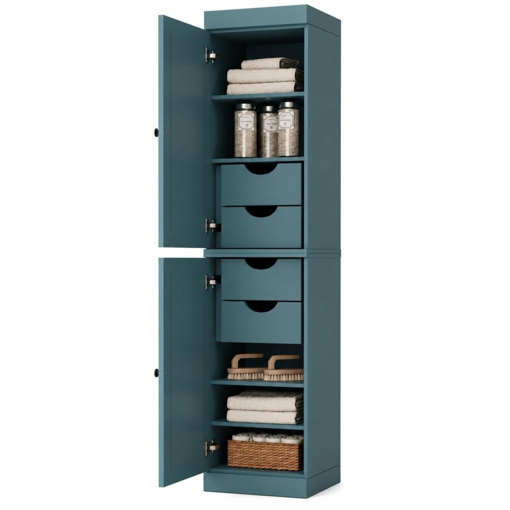 17" Aqua Solid Wood Free Standing Double Door Linen Cabinet