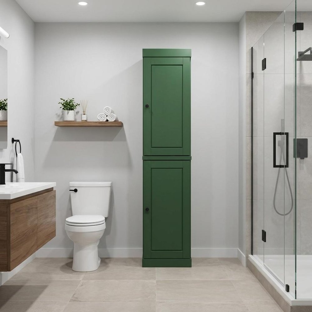 17" Green Solid Wood Free Standing Double Door Linen Cabinet