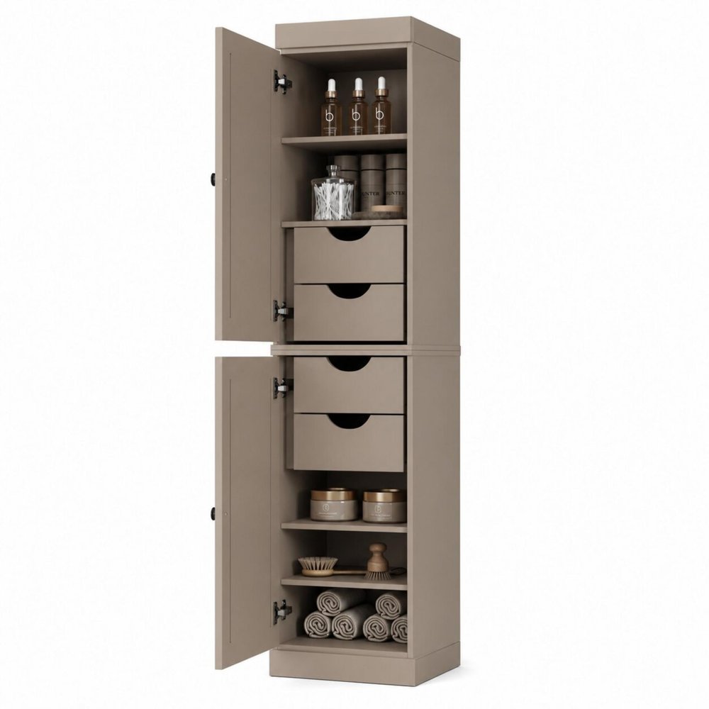 17" Beige Solid Wood Free Standing Double Door Linen Cabinet