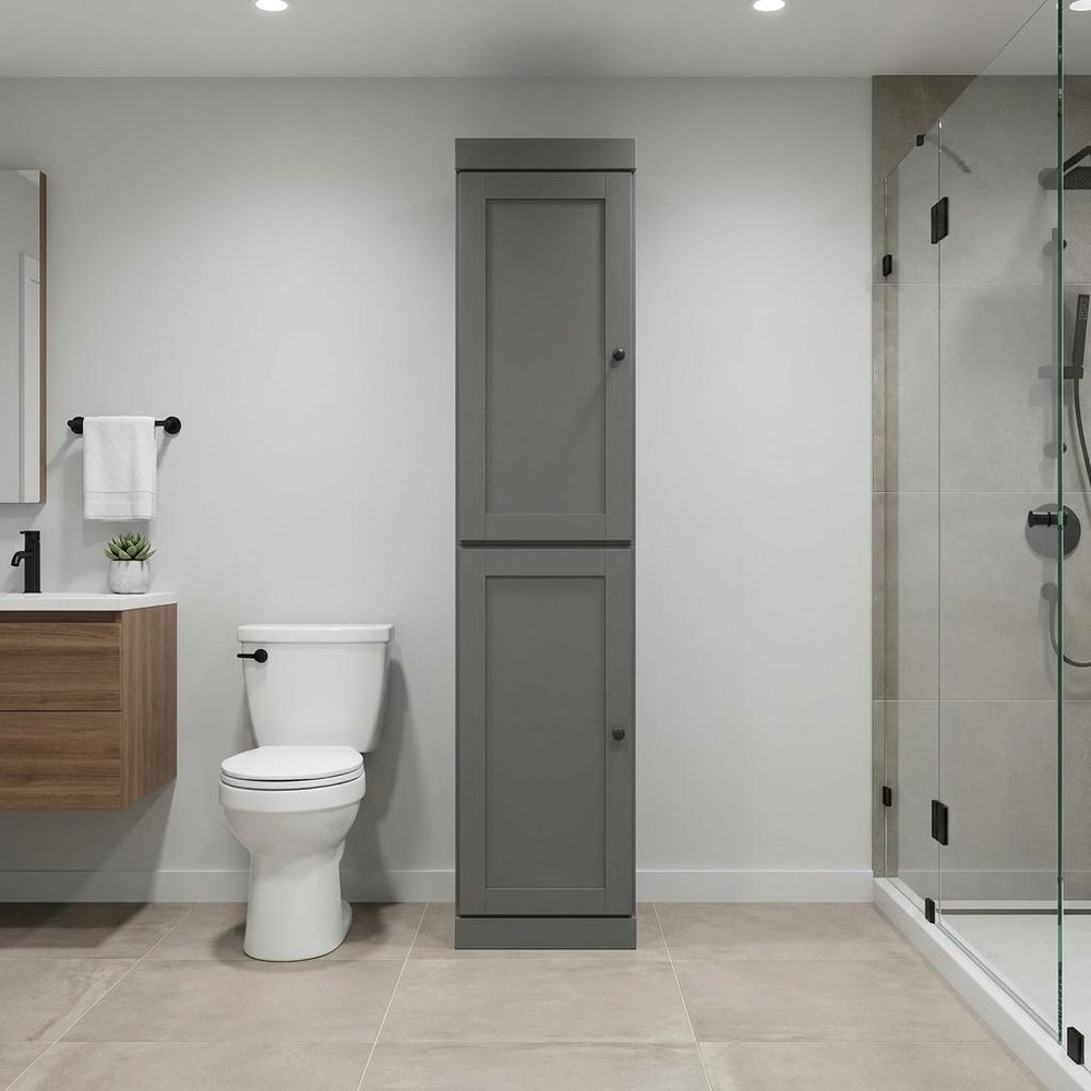 17" Gray Solid Wood Free Standing Double Door Linen Cabinet