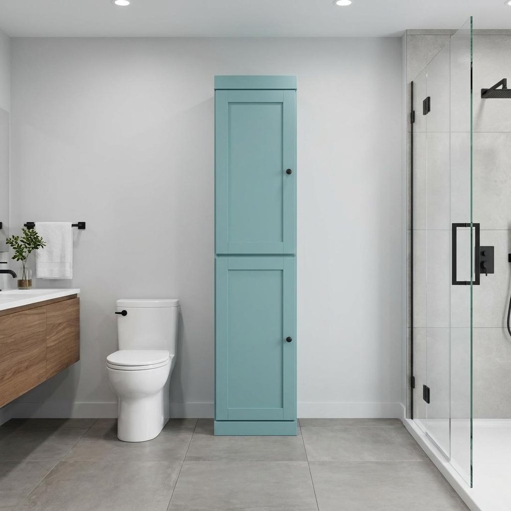 17" Aqua Solid Wood Free Standing Double Door Linen Cabinet