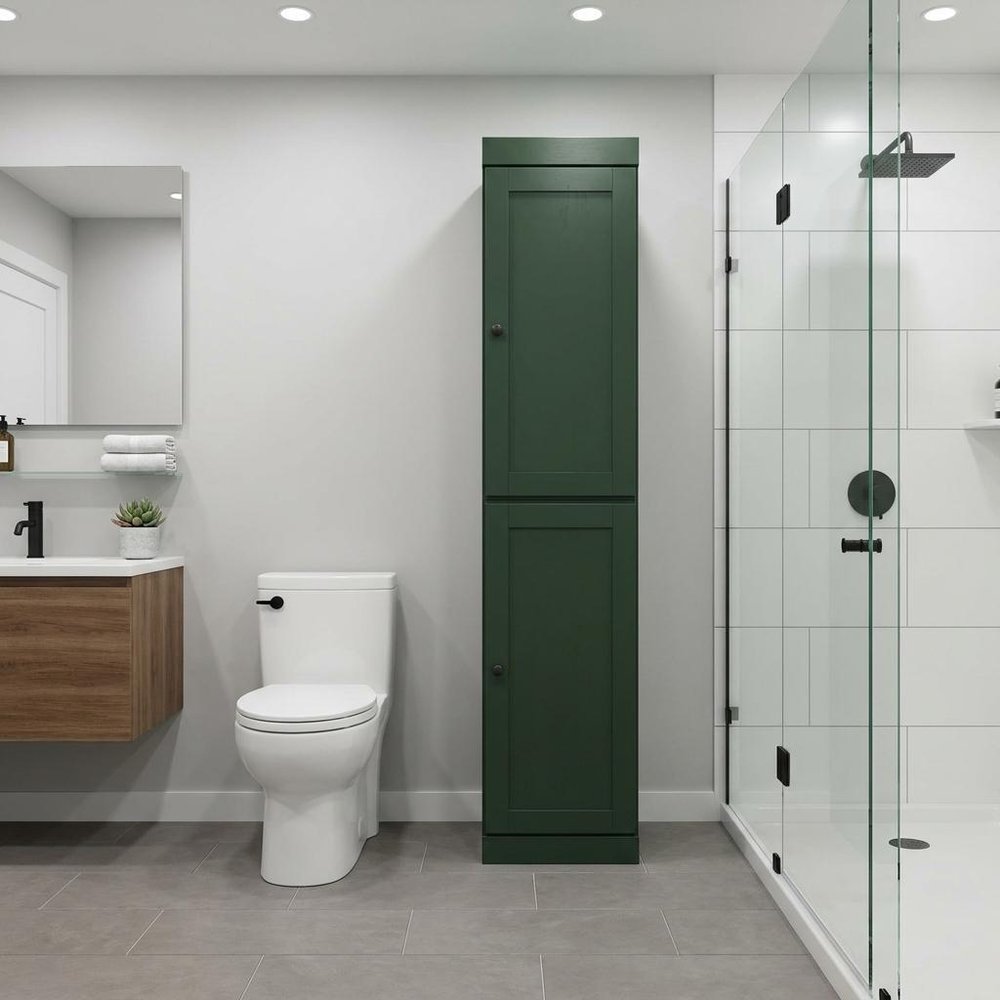 17" Green Solid Wood Free Standing Double Door Linen Cabinet