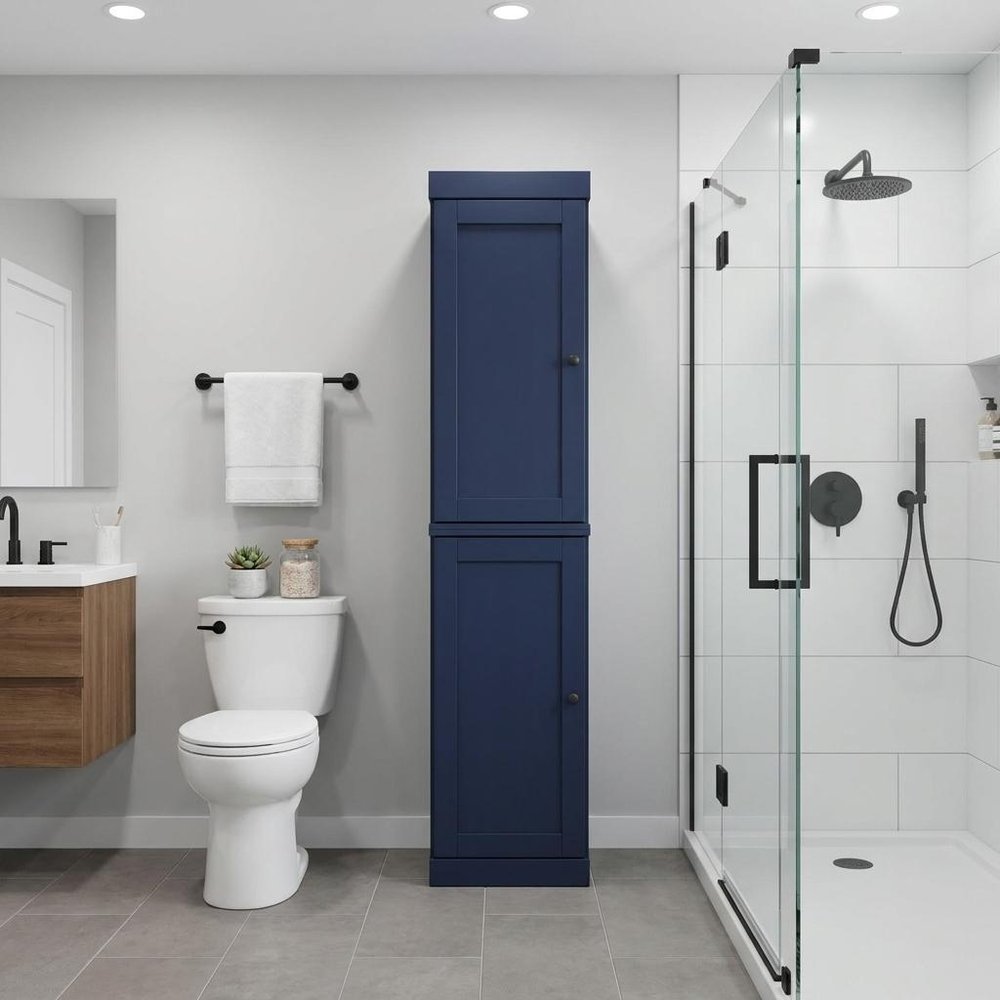 17" Navy Blue Solid Wood Free Standing Double Door Linen Cabinet