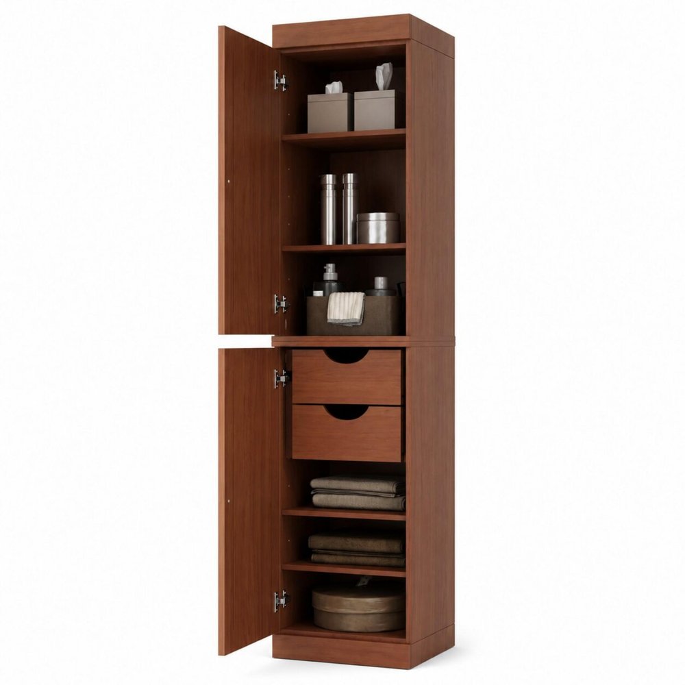 17" Coffee Solid Wood Free Standing Double Door Linen Cabinet