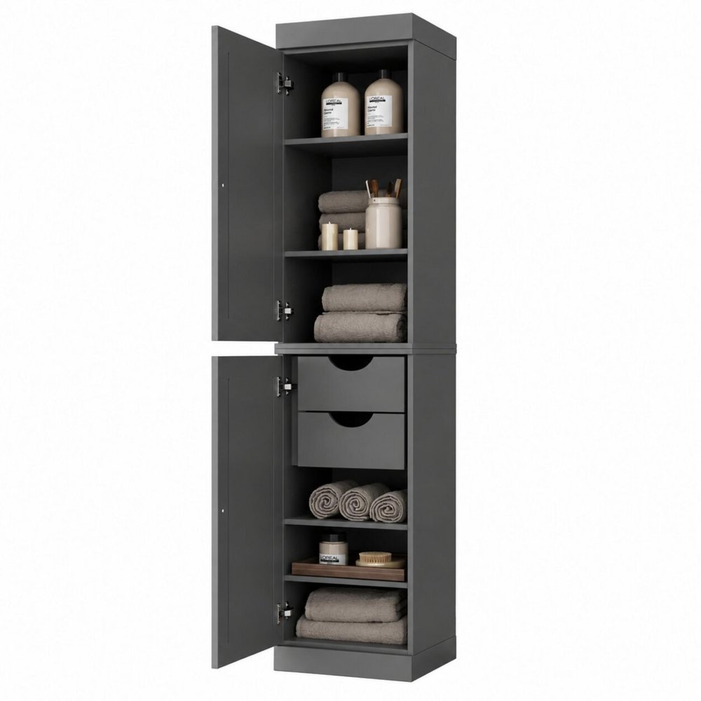 17" Gray Solid Wood Free Standing Double Door Linen Cabinet