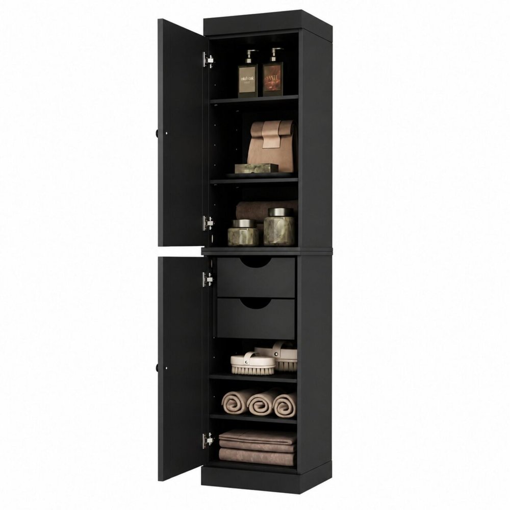 17" Black Solid Wood Free Standing Double Door Linen Cabinet