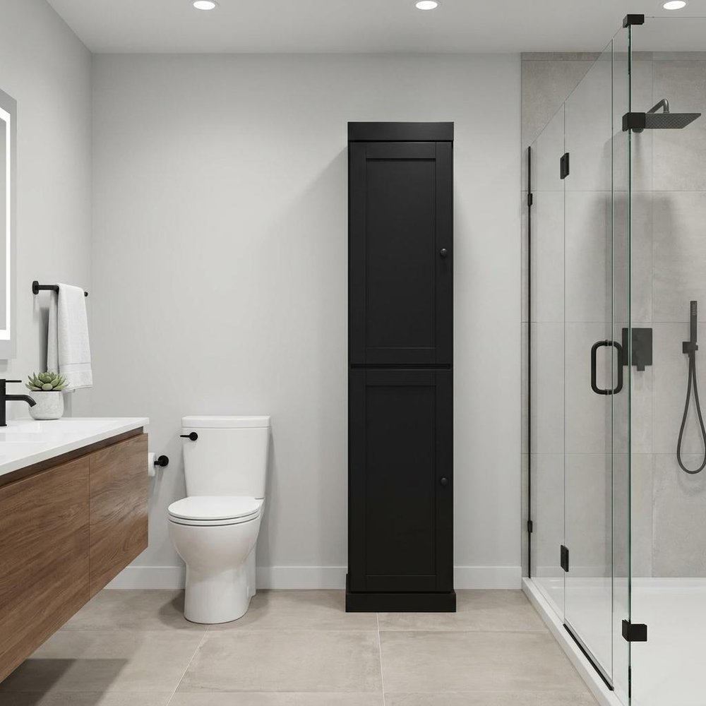 17" Black Solid Wood Free Standing Double Door Linen Cabinet
