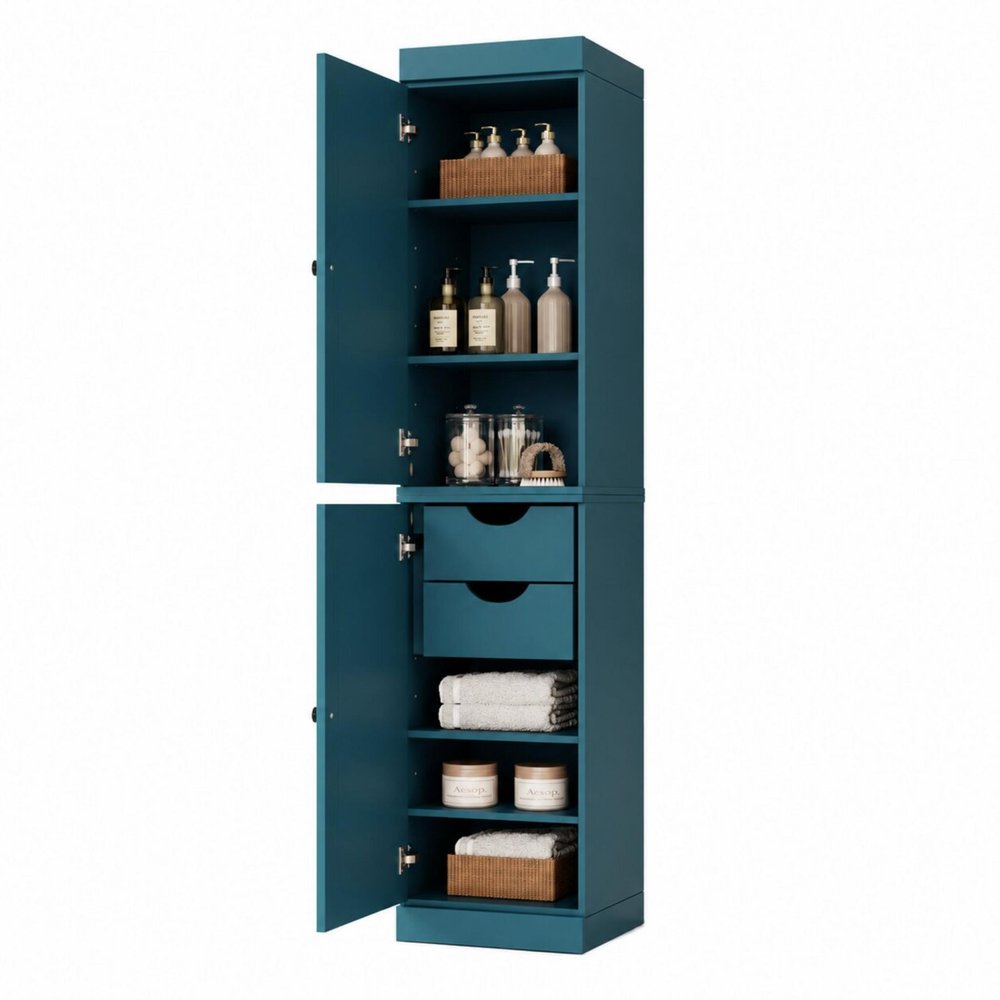 17" Teal Blue Solid Wood Free Standing Double Door Linen Cabinet