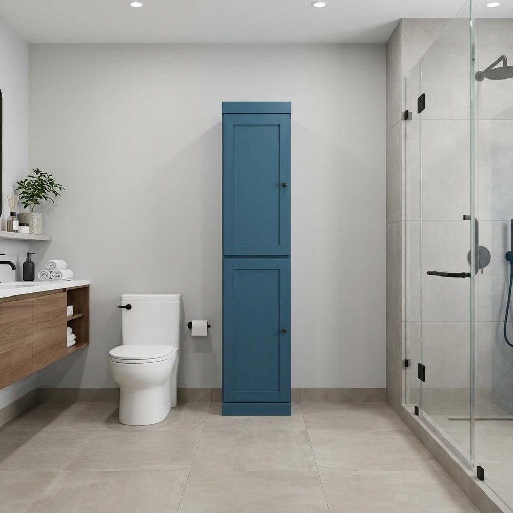 17" Teal Blue Solid Wood Free Standing Double Door Linen Cabinet