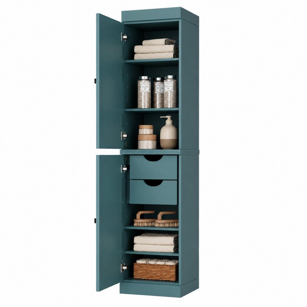 17" Aqua Solid Wood Free Standing Double Door Linen Cabinet