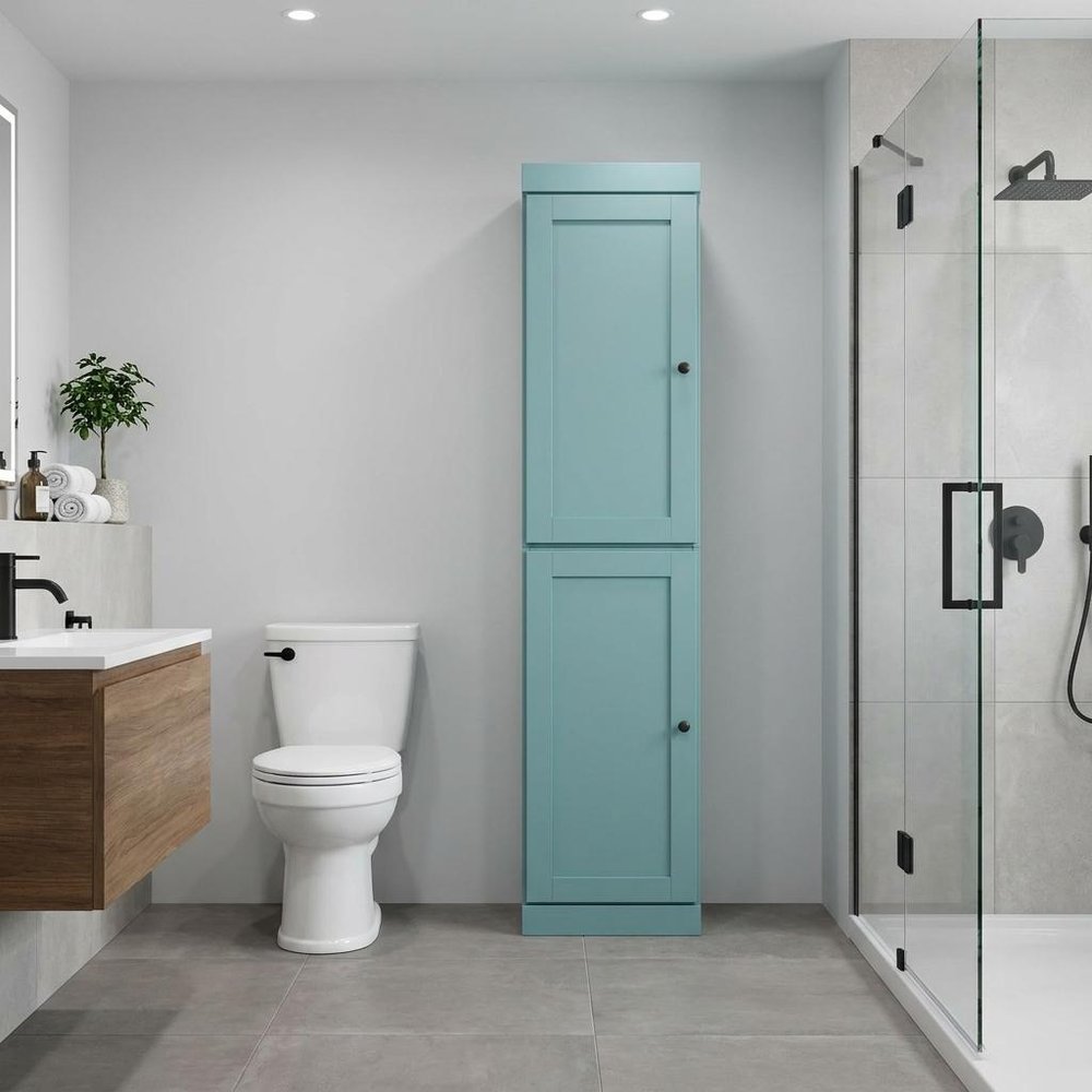 17" Aqua Solid Wood Free Standing Double Door Linen Cabinet