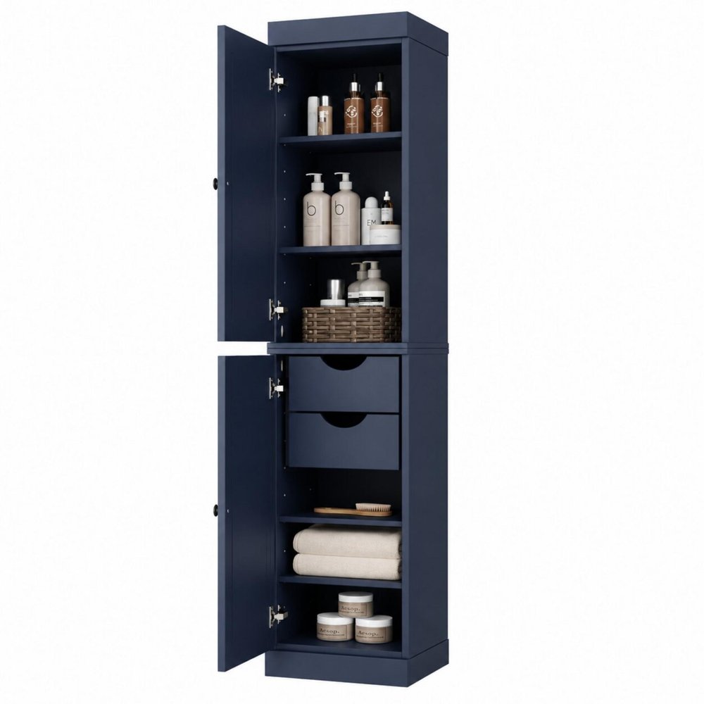 17" Navy Blue Solid Wood Free Standing Double Door Linen Cabinet