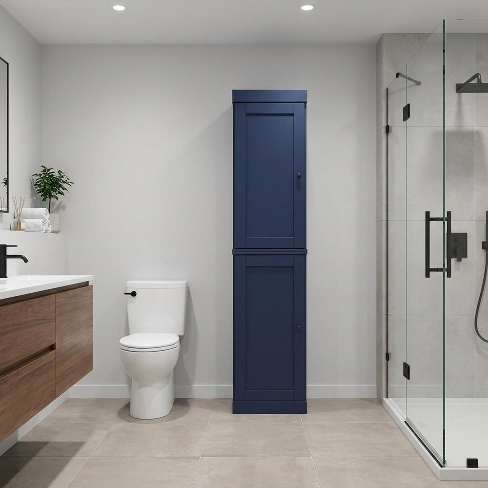17" Navy Blue Solid Wood Free Standing Double Door Linen Cabinet
